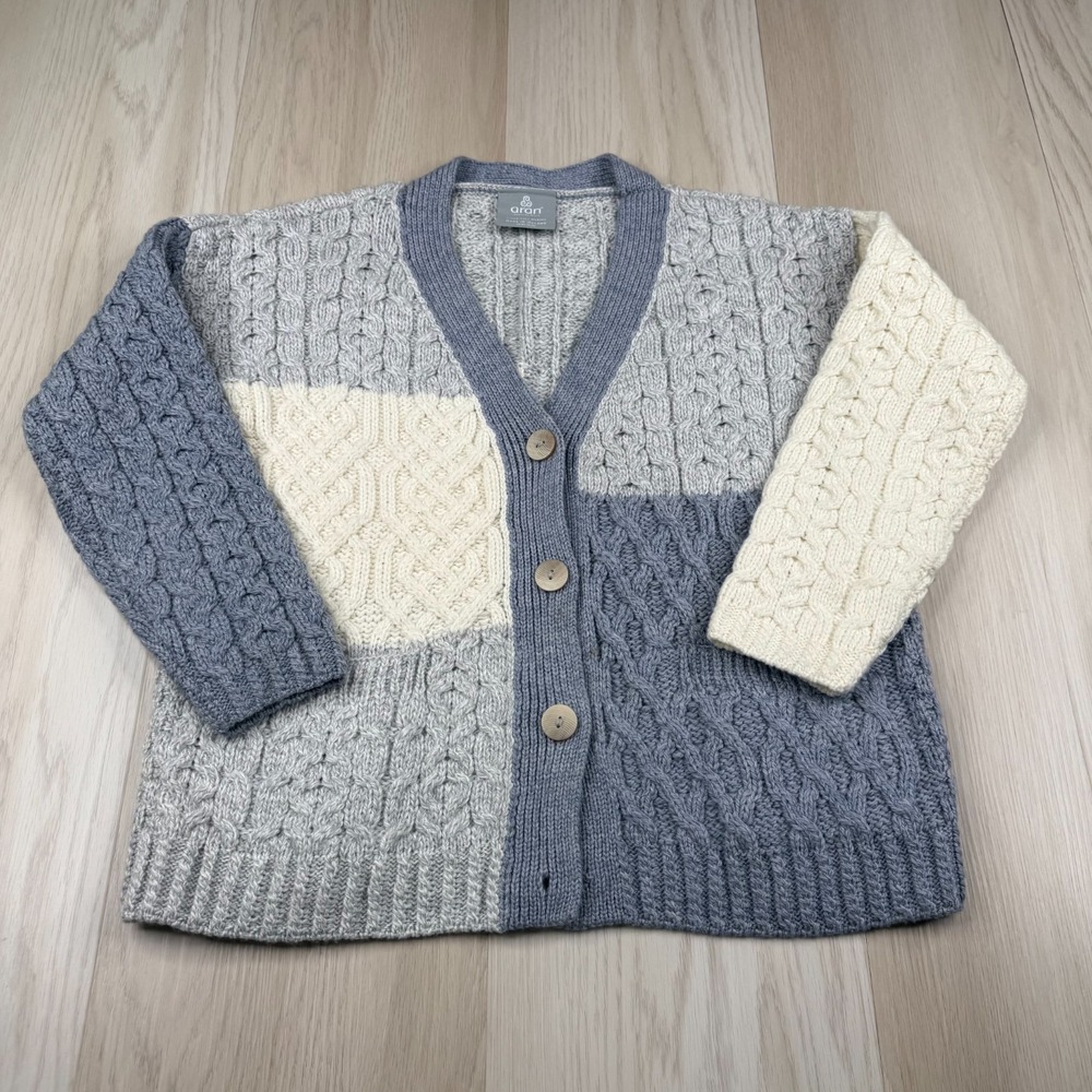 Aran Woollen Mills Womens Blue Supersoft Merino Wool Cable-Knit Cardigan Size XS